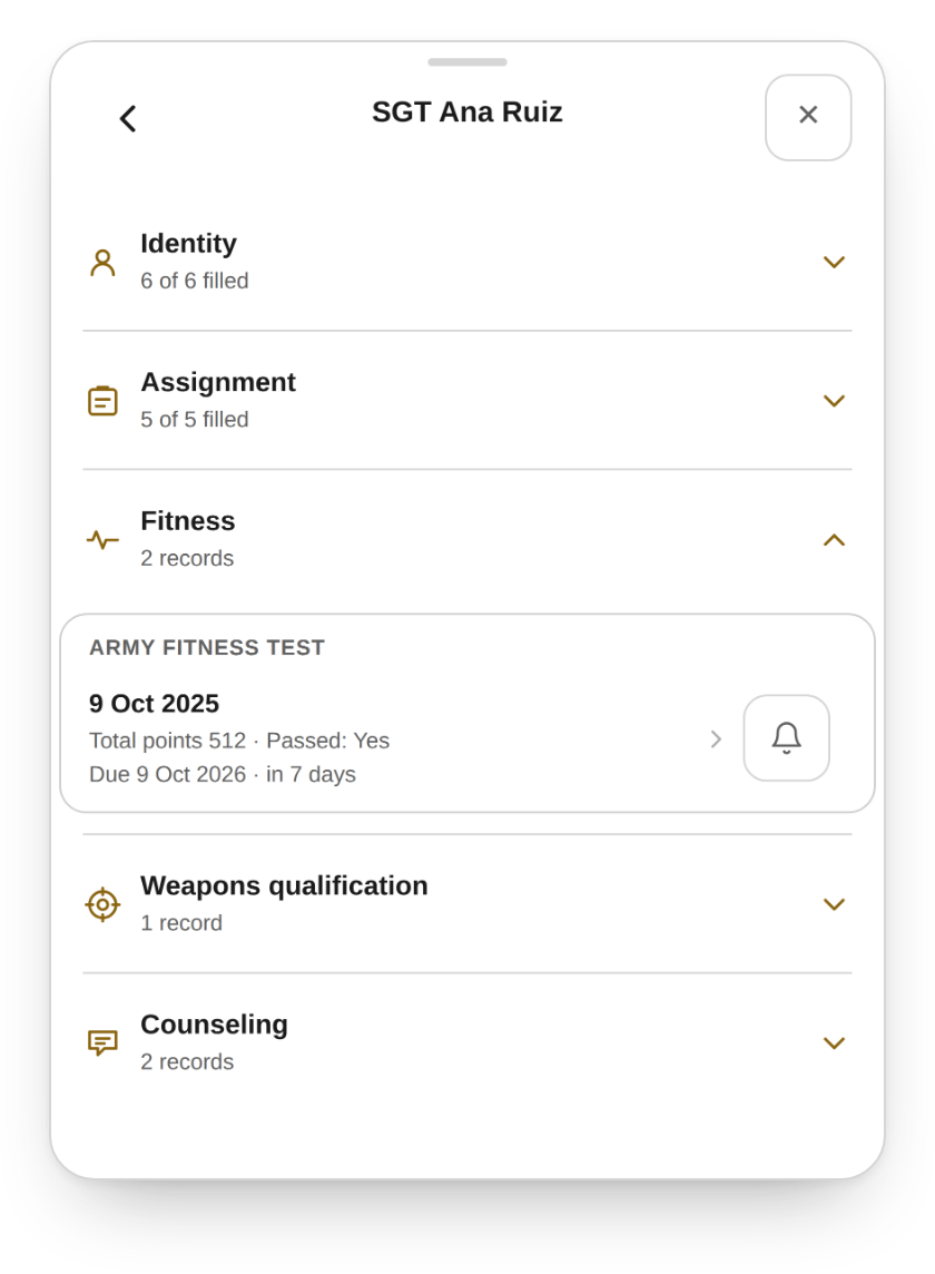 The leader book open on SGT Ana Ruiz's record, with her Army Fitness Test due in 7 days.