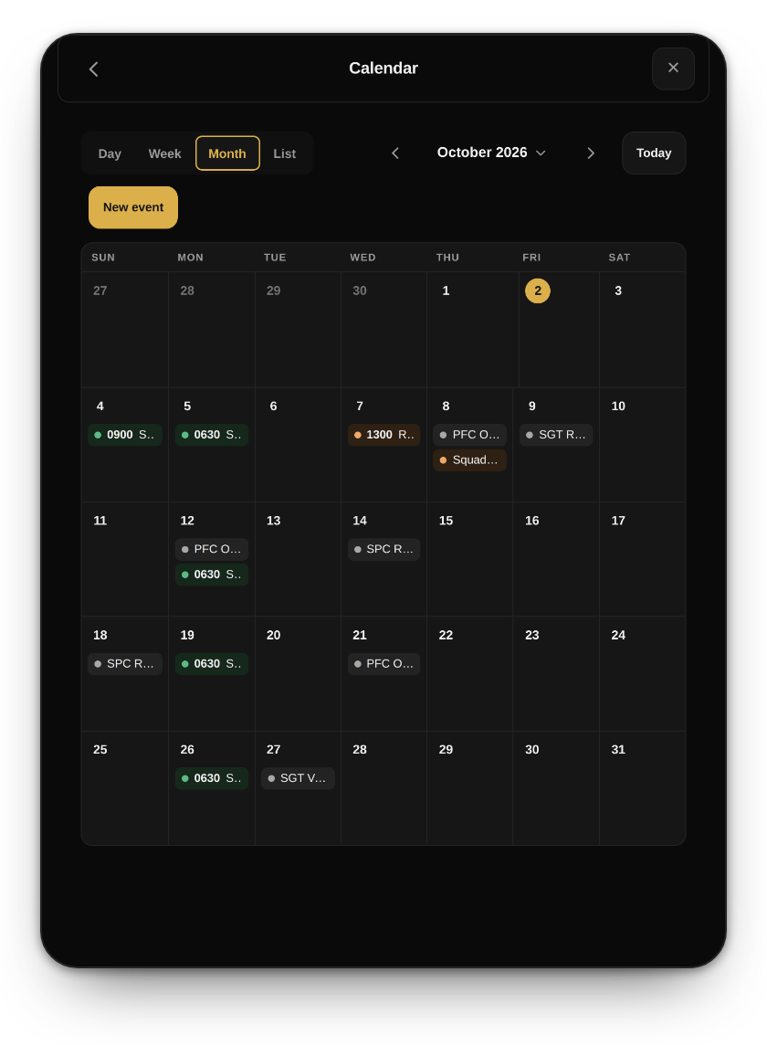 The calendar in Month view for October 2026, with SGT Ruiz's AFT on the 9th among the unit's events and due dates.