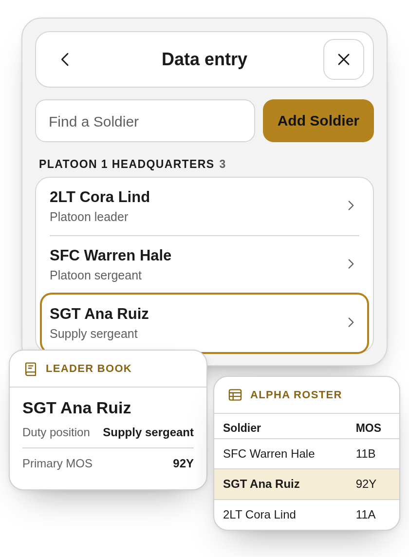Data entry with SGT Ana Ruiz selected, and her details showing in the leader book and the Alpha roster.
