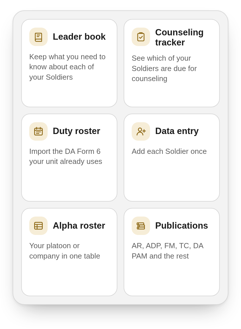 Six Leaders' Hub tools on cards: Leader book, Counseling tracker, Duty roster, Data entry, Alpha roster and Publications.